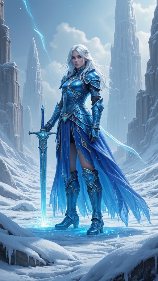 A white-haired woman in blue armor stands in the snow holding a glowing blue sword upright.