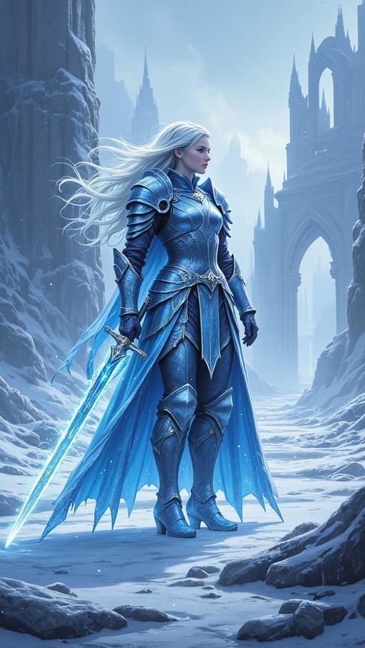 A full-body shot of a female knight with long white hair wearing blue plate armor and a cape, holding a glowing blue sword in a snowy landscape with ruined castles in the background.