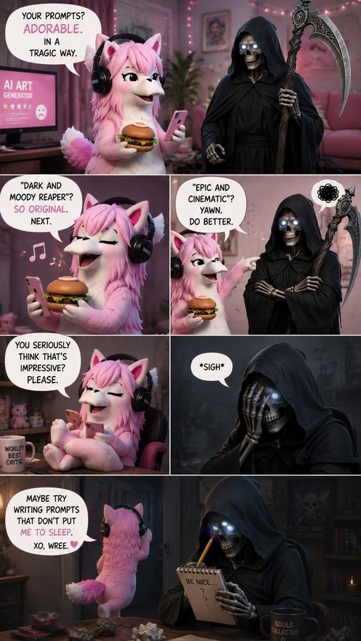 A pink furry character with headphones holds a burger while critiquing a hooded Grim Reaper holding a scythe in a multi-panel digital comic.