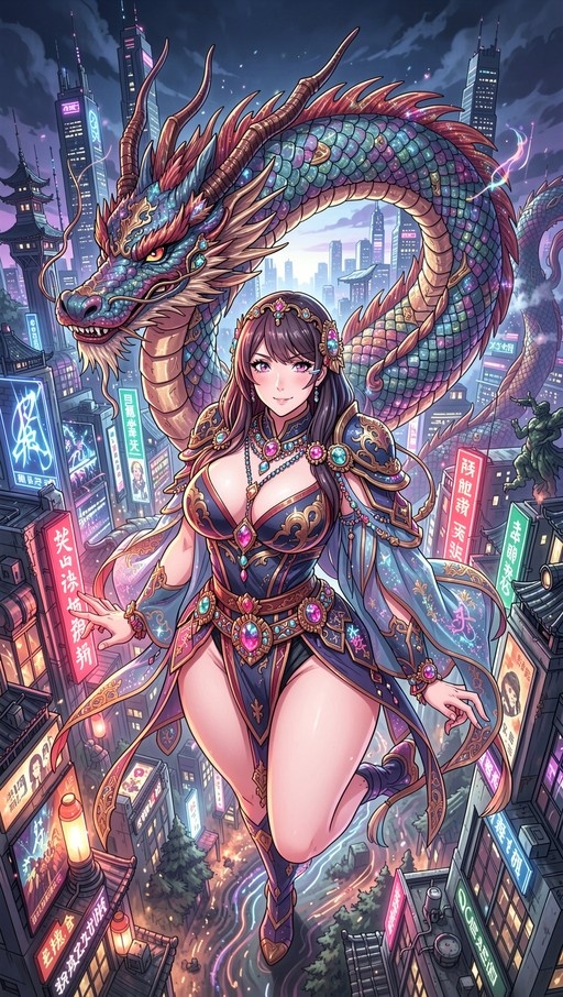 A full-body shot of a fantasy dragon girl with long dark hair and purple eyes standing in front of a large Eastern dragon in a neon-lit city at night.
