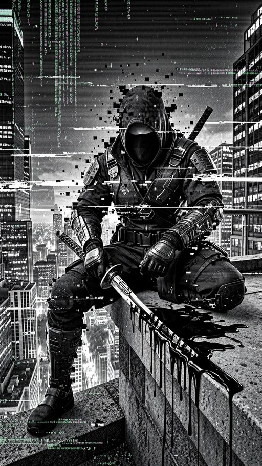 A masked ninja in armor kneels on a rooftop holding a dripping katana against a glitchy cityscape.
