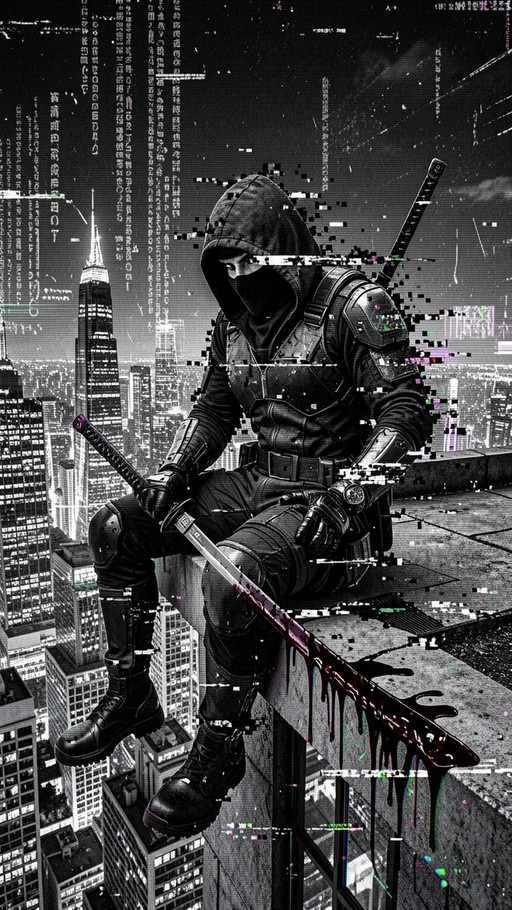 A hooded ninja sits on a rooftop ledge holding a bloody katana against a glitchy city skyline at night.