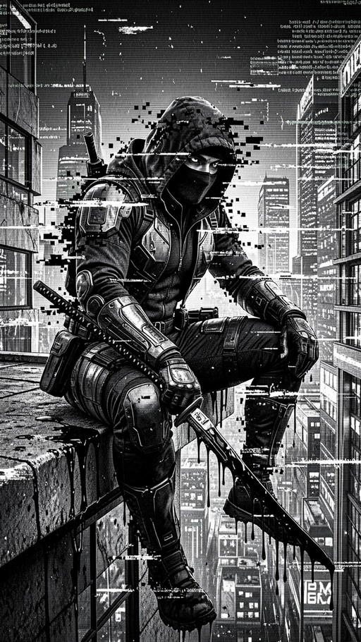 A hooded cyberpunk ninja sits on a ledge holding a katana against a glitchy city skyline in black and white pixel art style.