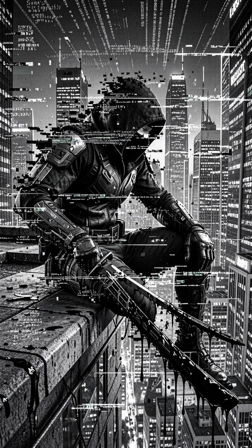 A black and white image of a hooded figure in armor sitting on a building ledge with a sword, featuring a heavy glitch effect.