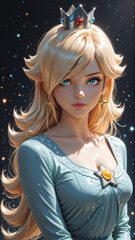 A stylized portrait of Rosalina with long blonde hair and blue eyes, wearing a silver crown and a light blue dress adorned with stars against a dark starry background.