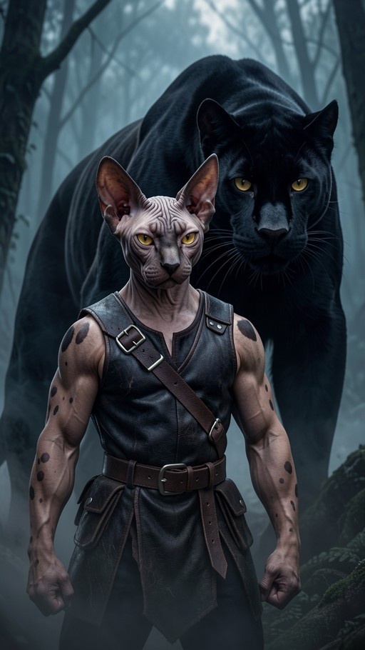 A muscular anthropomorphic Sphynx cat with yellow eyes and dark spots stands in a misty forest wearing leather gear, with a large black panther standing behind him.
