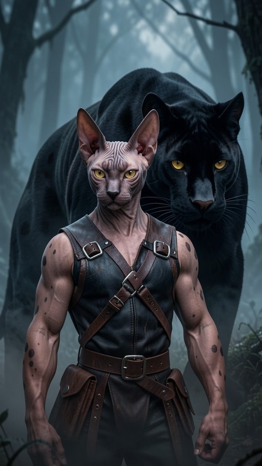 Muscular hairless cat humanoid with yellow eyes and leather gear standing in a misty forest with a large black panther behind him.