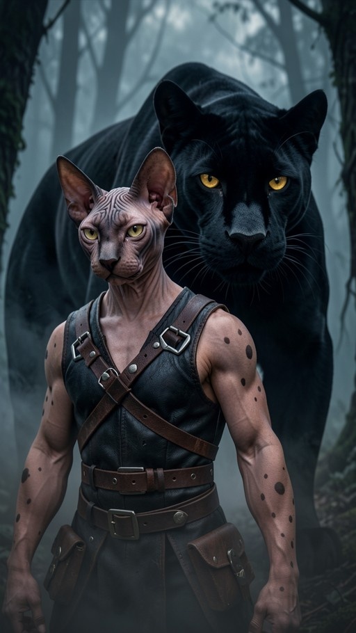 Anthropomorphic hairless cat man in leather gear standing in front of a black panther in a foggy forest.