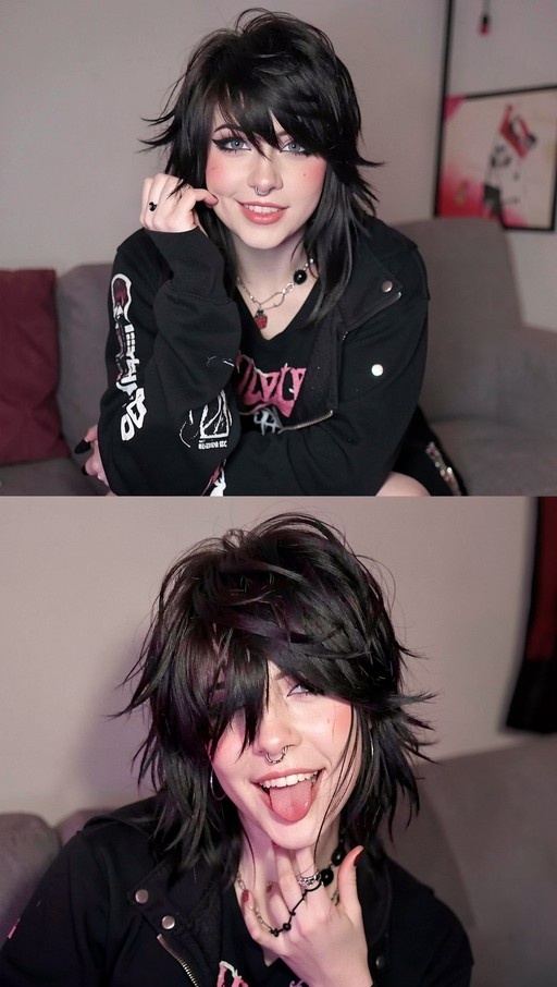 A young woman with shaggy black hair and a nose ring smiles at the camera in a split-screen photo, wearing a black jacket and resting her chin on her hand.
