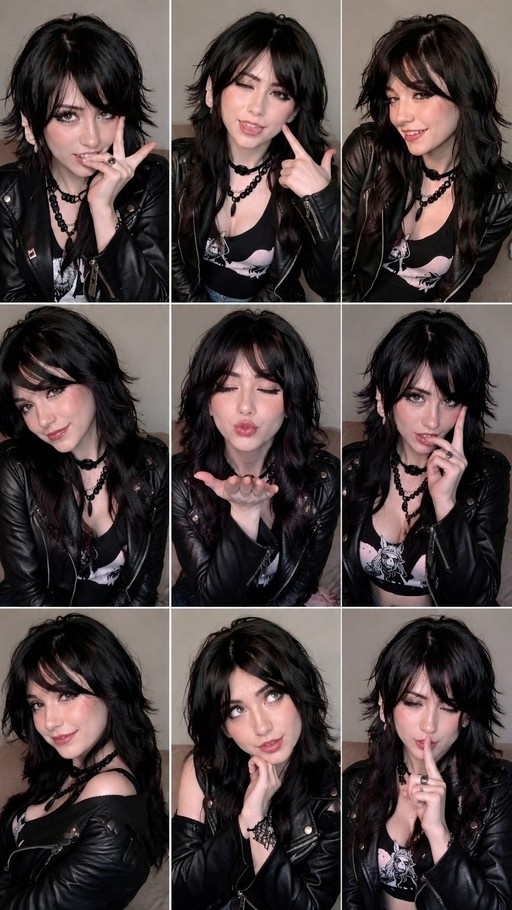 A nine-panel image grid featuring a young Asian woman with long black hair and a leather jacket making various playful poses and facial expressions.