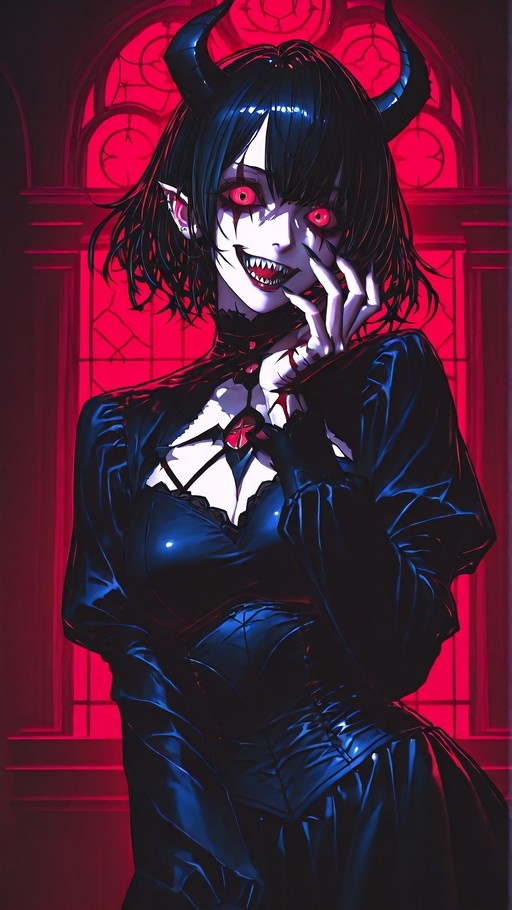 A smiling demon girl with black hair, curved horns, and red eyes wearing a shiny black dress stands in front of a red stained glass window.
