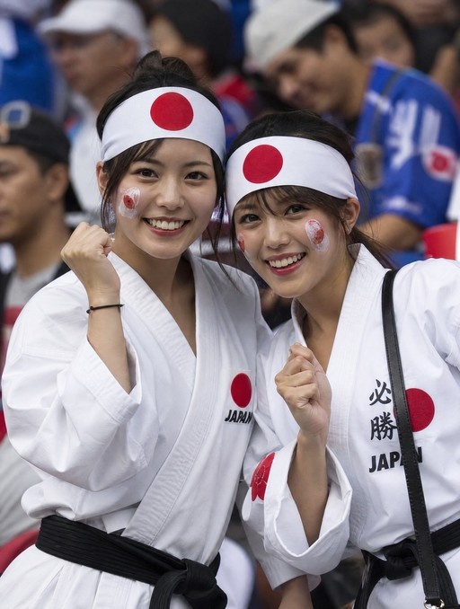 Two young women in white karate uniforms and Japanese flag headbands smiling and pumping their fists in a crowd.