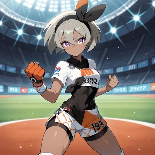 Bea from Pokémon stands in a fighting stance on a stadium track, wearing her signature white shirt and orange gloves.