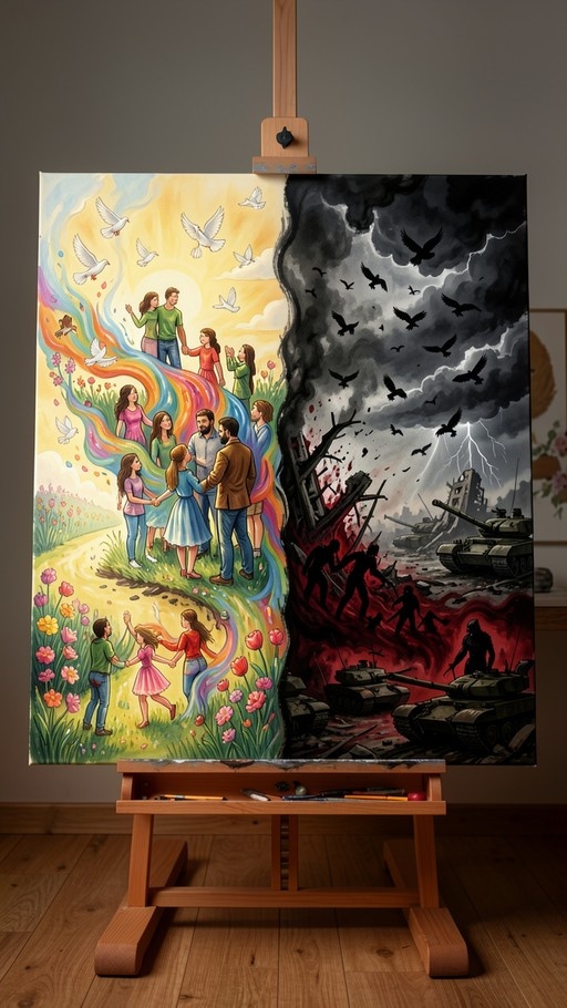 A painting on a wooden easel depicting a split composition: the left side shows happy families in a sunny flower field with white doves, while the right side features tanks and smoke in a dark stormy battlefield.