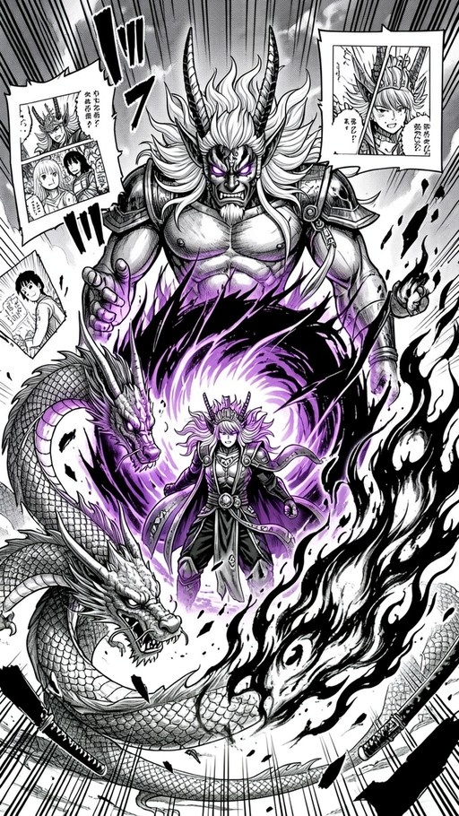 A black and white manga panel with purple spot color showing the character Shiva in a horned, muscular form surrounded by swirling purple energy and a large dragon.