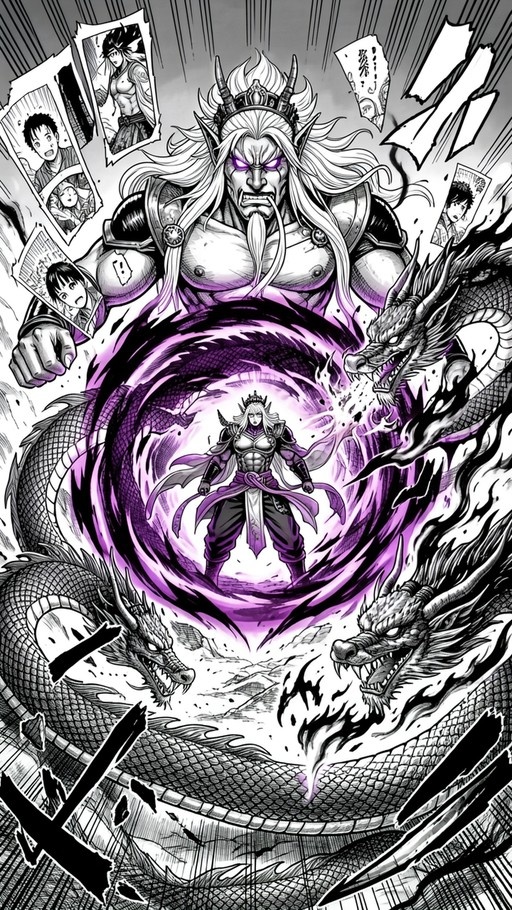 A black and white manga panel with purple spot color showing a horned warrior with long white hair and armor surrounded by a swirling purple vortex and three dragon heads, while smaller panels in the background depict shocked spectators.