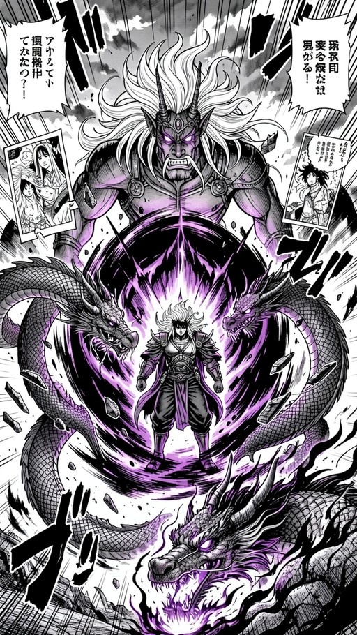 A manga panel showing a warrior with white hair standing in front of three dragons and purple energy, with a large horned figure in the background.