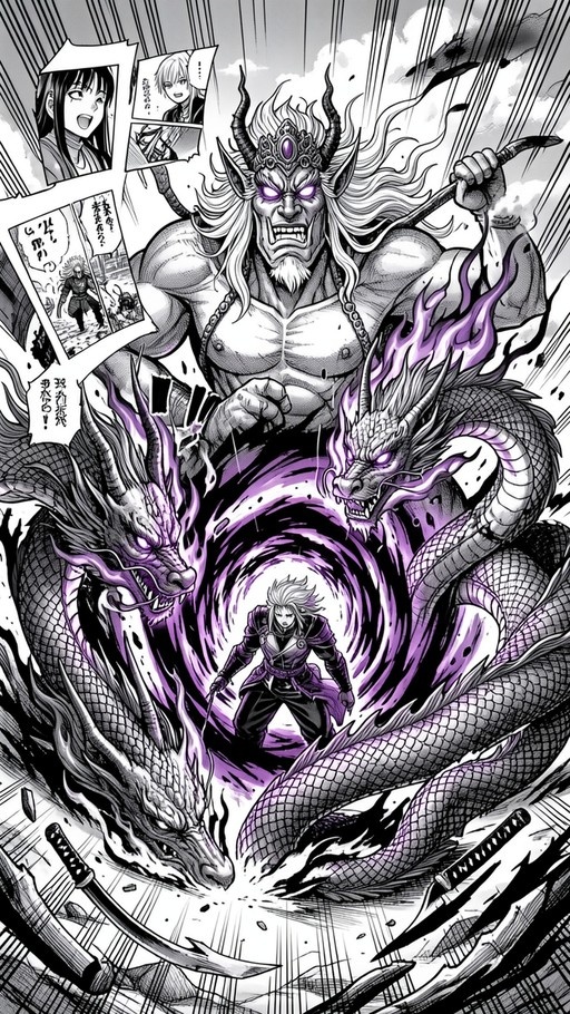 A black and white manga panel featuring a large horned demon holding a spiked club, flanked by two coiling dragons with glowing purple eyes and flames surrounding a central warrior in a magical vortex.