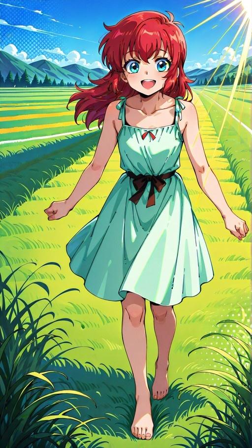 A smiling anime girl with red hair walks barefoot through green fields in a teal dress under a sunny sky.