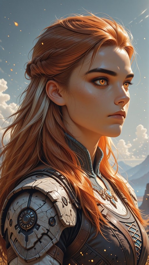 A side profile of a young woman with long orange hair and amber eyes wearing fantasy armor with a large shoulder piece, standing outdoors with floating embers in the air.