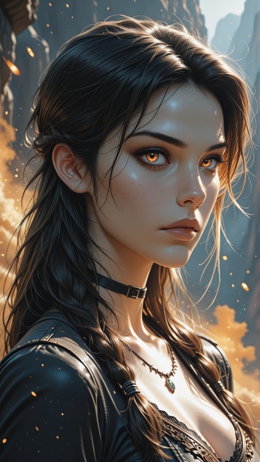 Close-up digital portrait of a young woman with long dark braided hair and orange eyes, wearing a black choker and green pendant necklace against a backdrop of mountains and floating fire sparks.