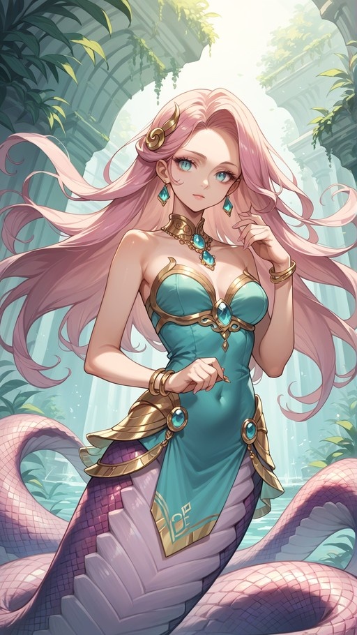 A pink-haired lamia monster girl with a snake tail stands in ancient ruins wearing a teal dress and gold jewelry.