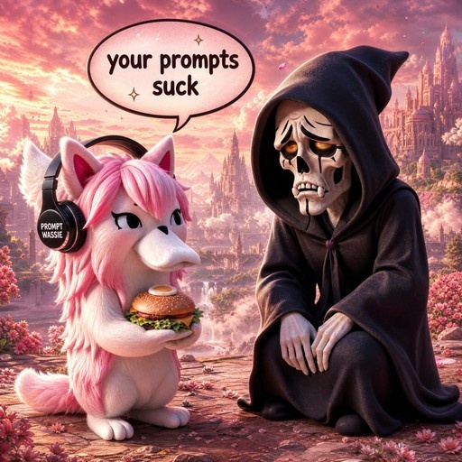 An anthropomorphic pink-furred creature wearing "PROMPT WASSIE" headphones holds an egg burger and tells a seated Grim Reaper their prompts suck, set against a fantasy cityscape.
