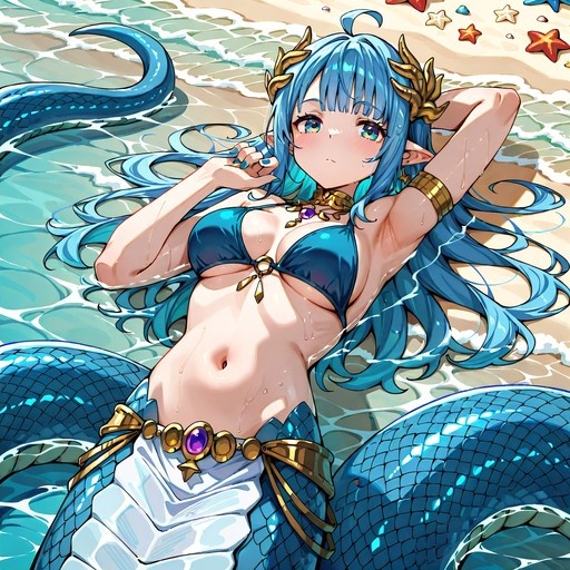 A blue-haired lamia monster girl lying on a beach in a blue bikini.
