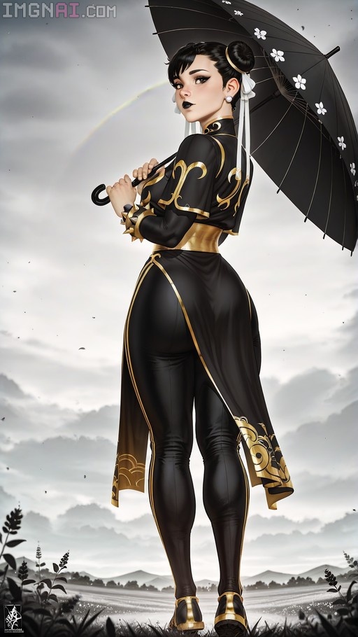 Chun-Li in a black and gold outfit holding a floral umbrella in a misty field under an overcast sky