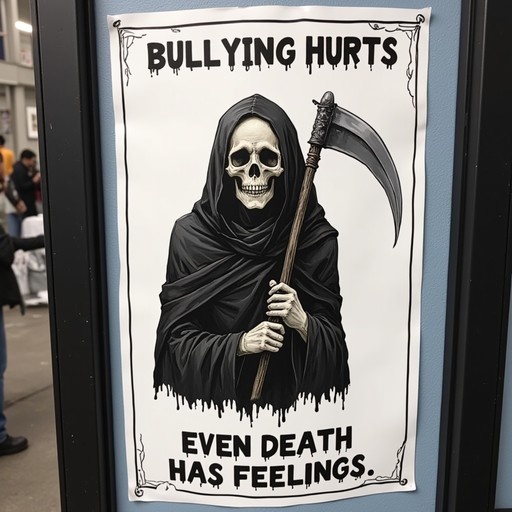 A poster featuring the Grim Reaper holding a scythe with the text "BULLYING HURTS EVEN DEATH HAS FEELINGS."