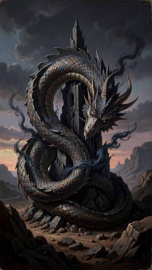 A large grey dragon with curved horns and glowing eyes coils around a tall ruined stone tower in a rocky mountainous landscape under a cloudy sky.