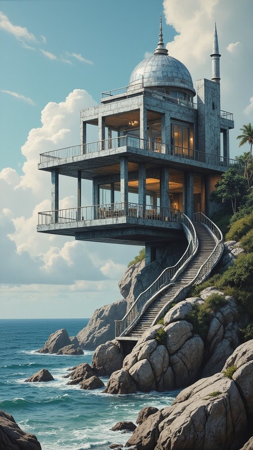 A concrete building with a large dome and minaret sits atop rocky cliffs overlooking the blue ocean, connected by a winding staircase.