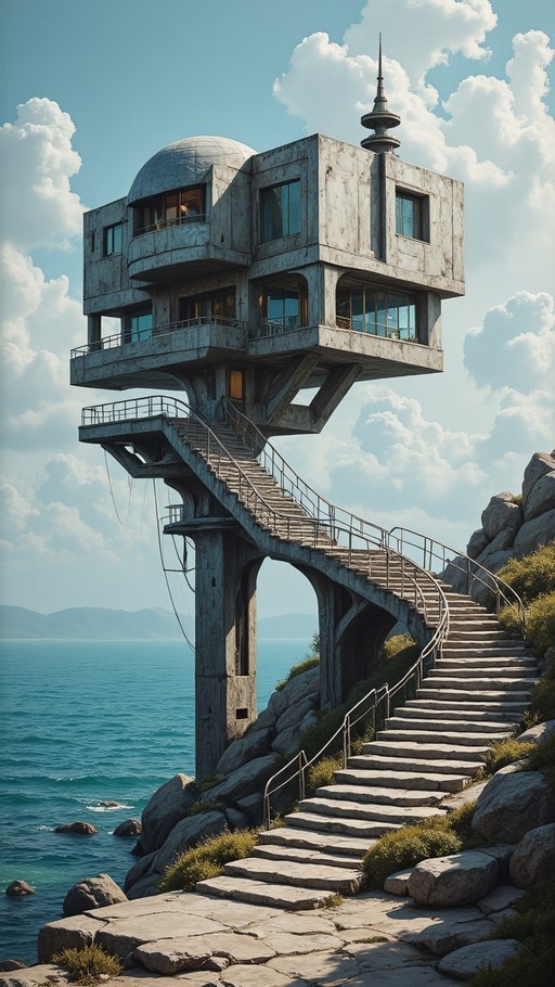 A weathered concrete building with a dome and spire perched on a rocky cliff above the ocean, accessible by a long winding staircase under a cloudy blue sky.