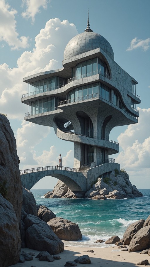 A tall concrete building with a dome on a rock in the sea with a person on a bridge