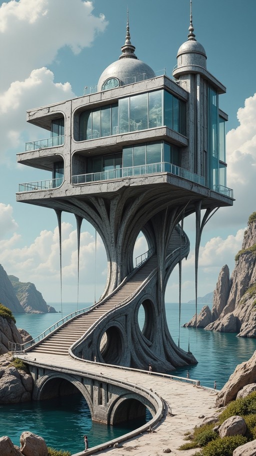 A tall sculptural building with curved supports rises from the sea near rocky cliffs, connected by a winding staircase and bridge under a cloudy blue sky.