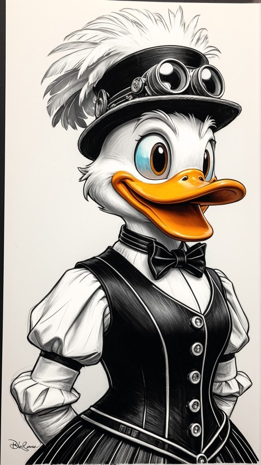 A smiling female duck character with an orange beak and blue eyes wears a black top hat with goggles, a white shirt, and a black vest.