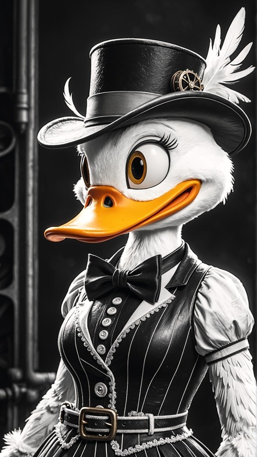 A close-up illustration of an anthropomorphic female duck with white feathers and large brown eyes. She is wearing a black top hat with a feather and gear ornament, a pinstriped vest, a white blouse, and a black bowtie. The background shows industrial pipes.