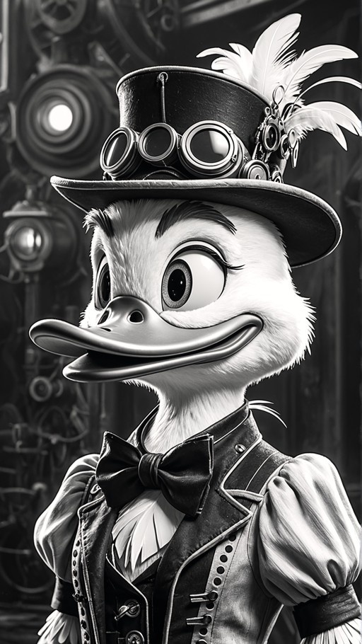 A black and white illustration of a steampunk duck character wearing a top hat with goggles and feathers, a vest, and a bowtie.