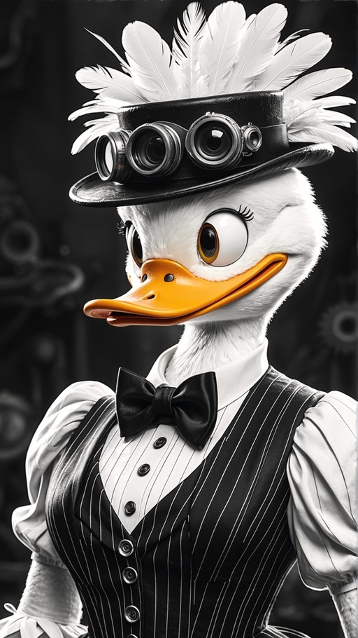 A monochrome digital illustration of a female anthropomorphic duck wearing a black pinstripe vest, bowtie, and a feathered top hat with goggles.