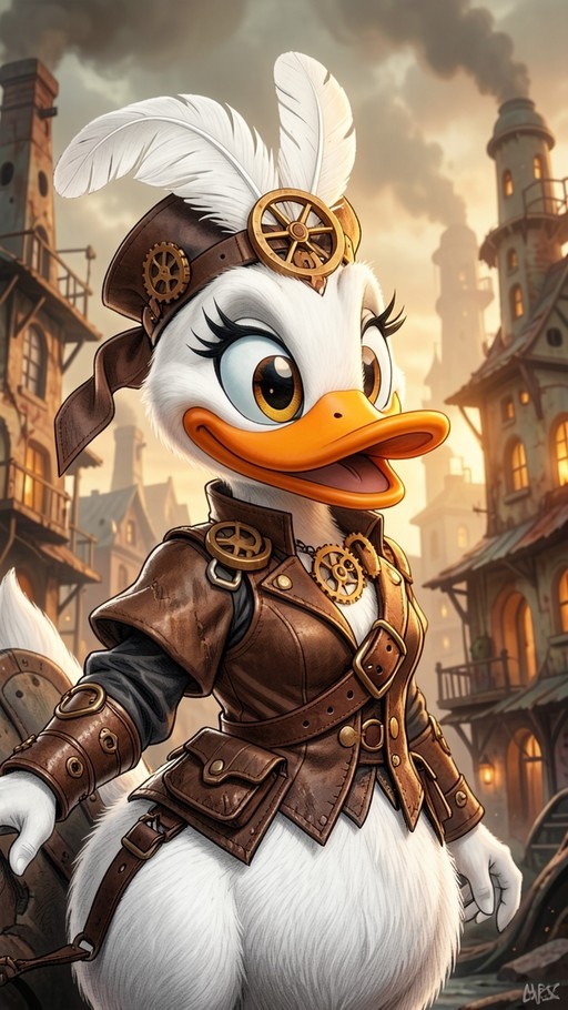 A close-up of an anthropomorphic white duck girl wearing a brown leather steampunk jacket with brass gears and a feathered hat.