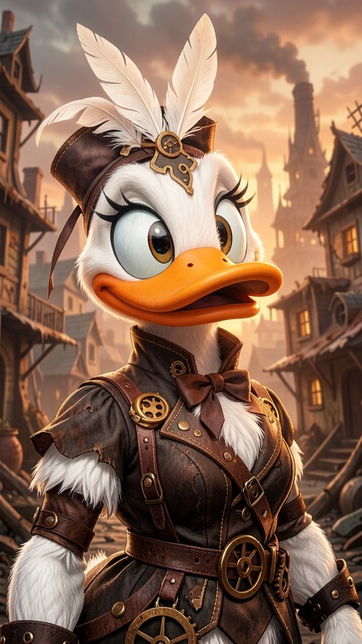 A white anthropomorphic female duck wearing a brown steampunk outfit with gears and a feathered hat stands in a rustic village setting.