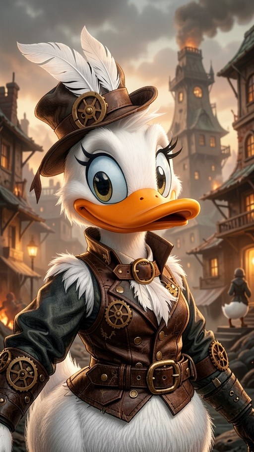 A white anthropomorphic duck in steampunk attire with a feathered hat and leather vest stands in a cobblestone village with a clock tower.