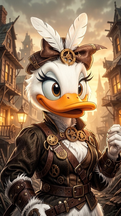 A digital illustration of a female anthropomorphic duck character in a steampunk style, wearing a leather jacket with brass gears and a feathered hat, set against a sunset town background.