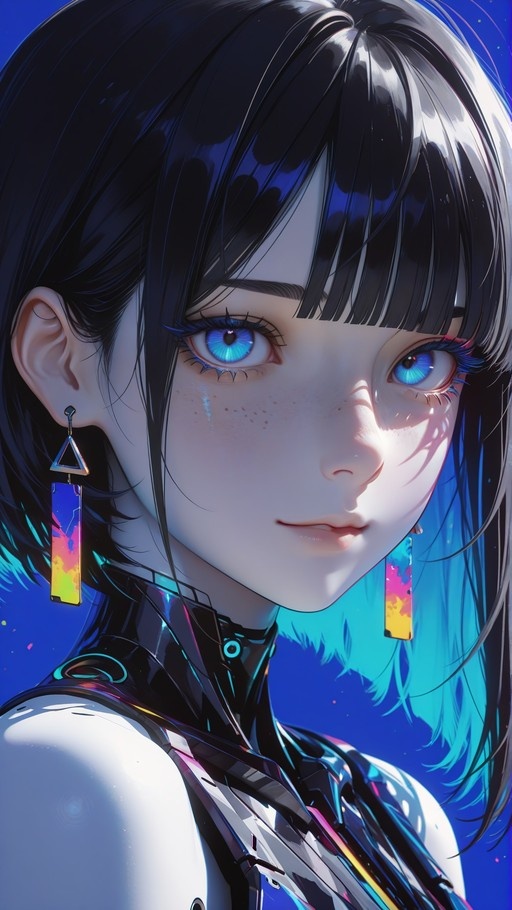 A close-up illustration of an anime-style girl with short black hair and bright blue eyes, wearing a shiny metallic bodysuit and long triangular earrings with colorful gradients against a deep blue background.