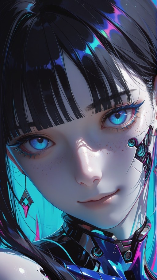 A close-up digital illustration of a cyberpunk girl with black hair, blue eyes, freckles, and mechanical facial implants.