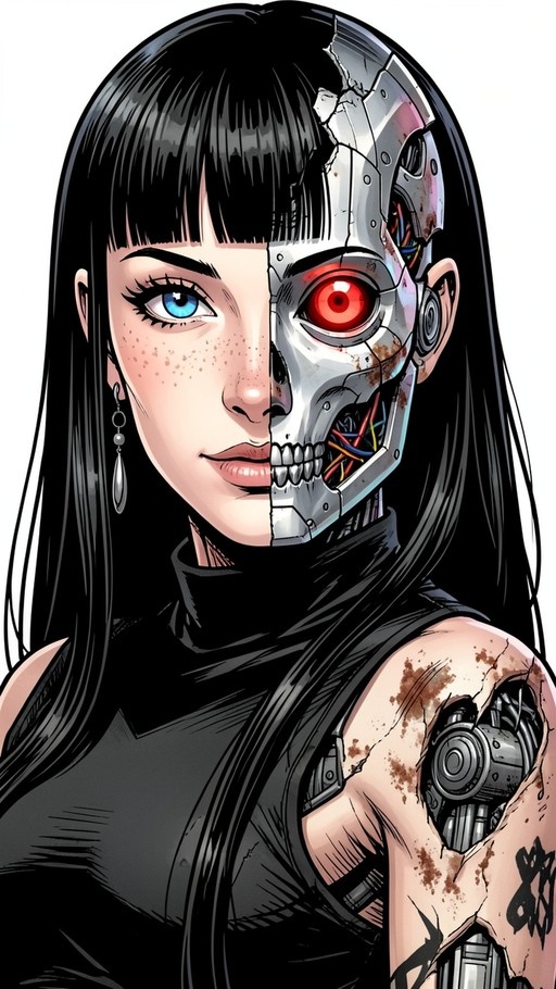Digital portrait of a cyborg girl with long black hair, featuring a split face with one human side showing a blue eye and the other revealing a damaged metal skull with a glowing red eye.