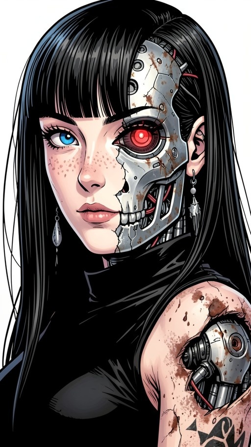 Digital illustration of a female cyborg with long black hair and bangs, showing one blue human eye and one glowing red mechanical eye. Her face is partially split to reveal a rusty metal skull underneath, and her shoulder exposes similar machinery.