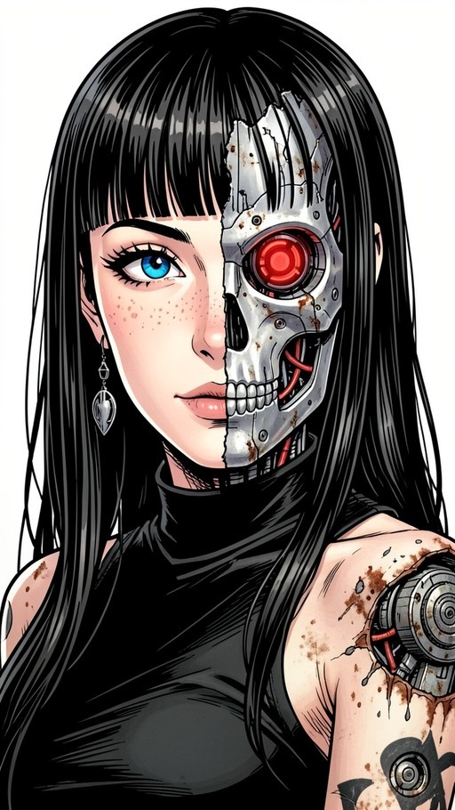 Portrait of a young woman with long black hair and blue eyes, her face split to reveal a rusted metallic skull with a glowing red eye on one side.