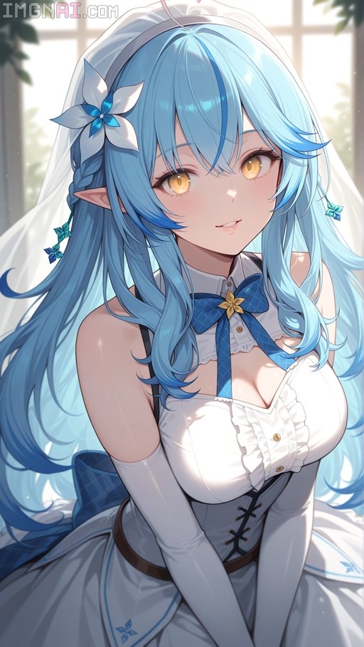 A digital illustration of the virtual YouTuber Yukihana Lamy wearing a white wedding dress with blue accents and a veil, featuring long blue hair, pointed elf ears, and golden eyes as she smiles at the viewer.