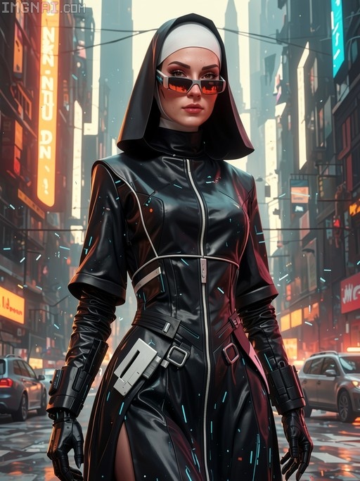 Cyberpunk nun in black latex habit and sunglasses standing on a neon-lit city street